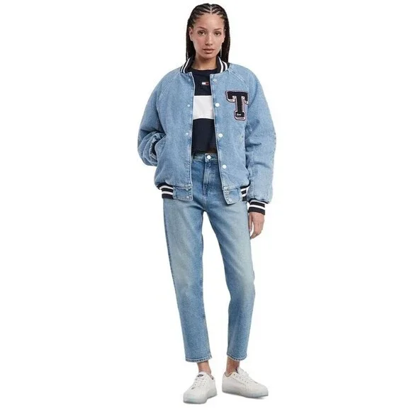 Tommy Jeans Women's Denim Snap-Front Cotton Letterman Jacket Blue Jean L - Picture 6 of 12